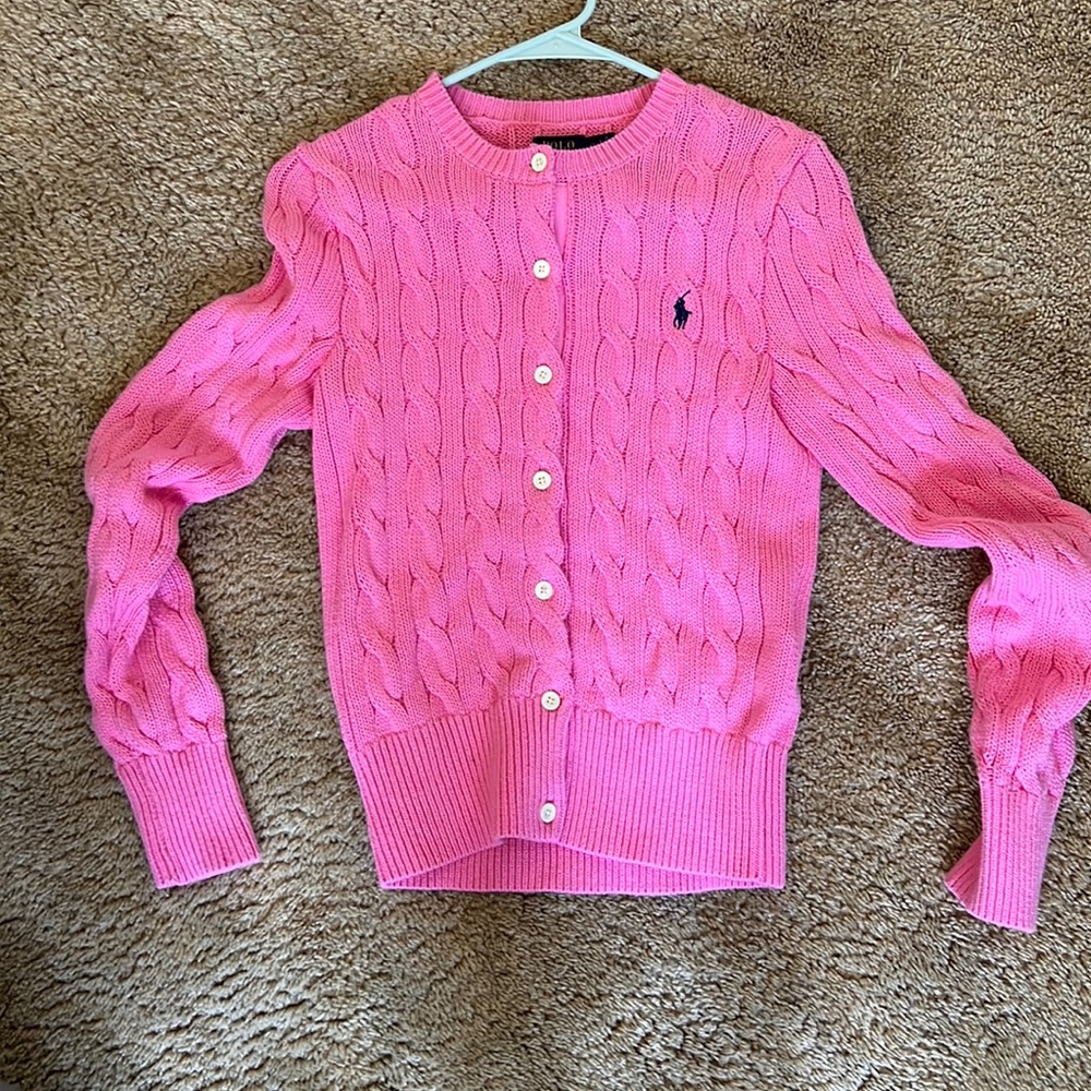 pink polo cardigan sweater